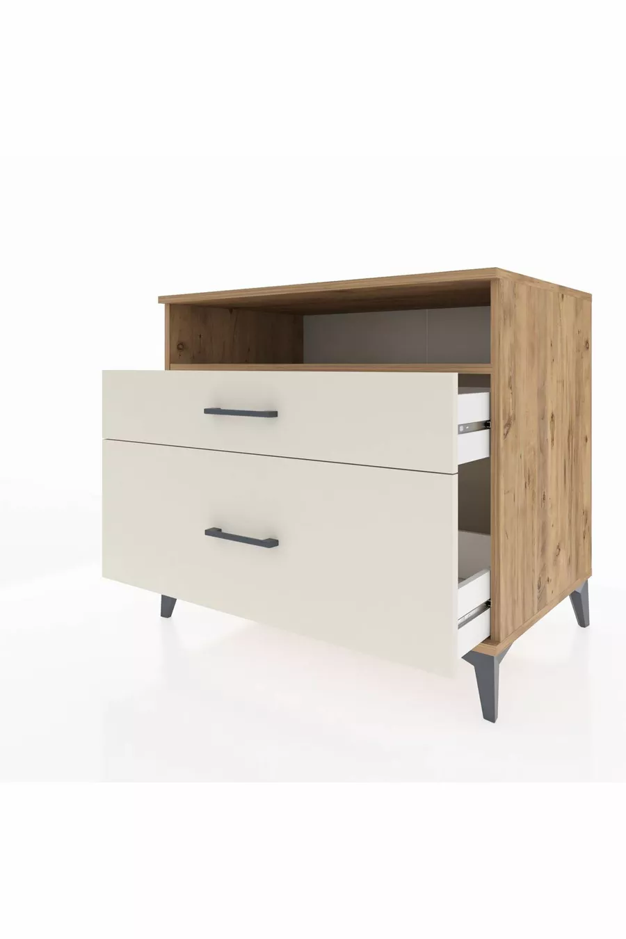 Commode Kronos à une étagère et 2 tiroirs en pin et pierre de lave