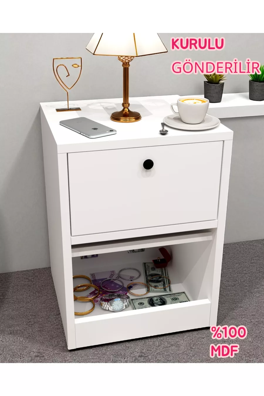 Table de chevet avec serrure et compartiment secret, MDF, livré monté, pas besoin d'assemblage