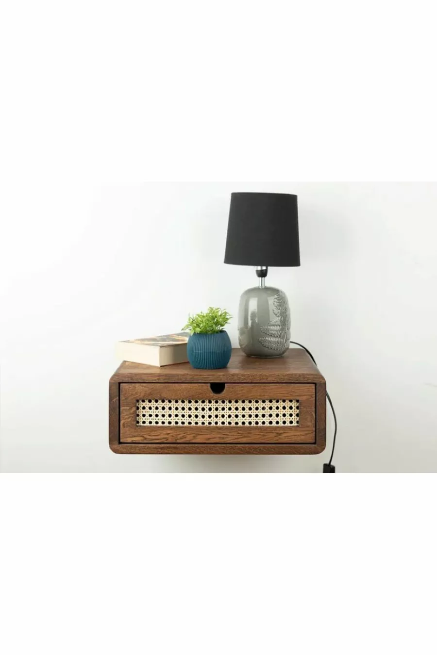 Table de chevet moderne murale avec détails en rotin et bois