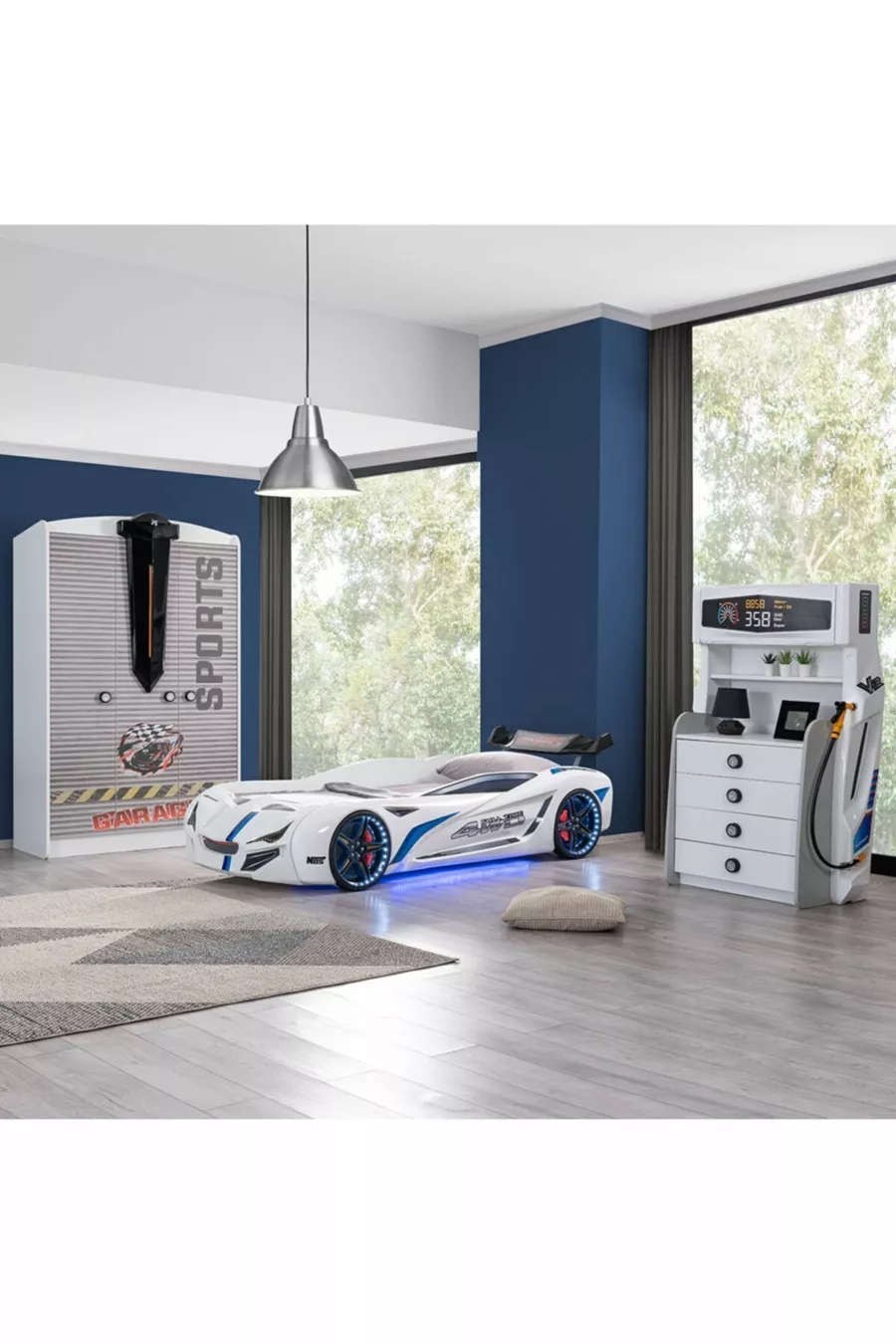 Chambre d'enfant - Lit avec voiture Mercedes et pare-vent - Armoire sportive à 3 portes - Commode