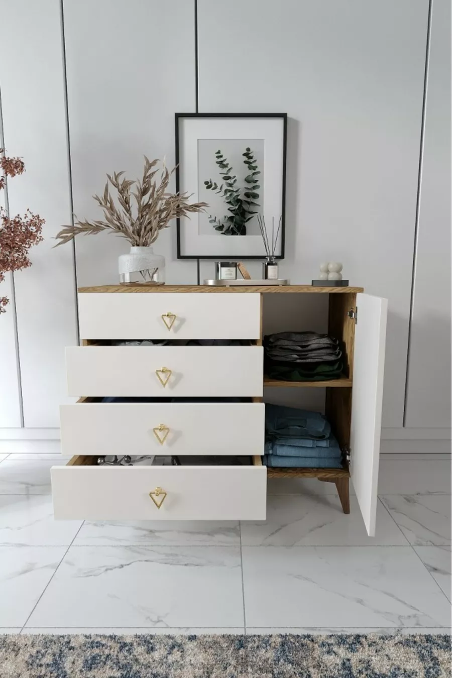Commode moderne simple à 4 tiroirs et 1 porte, couleur écru et noyer