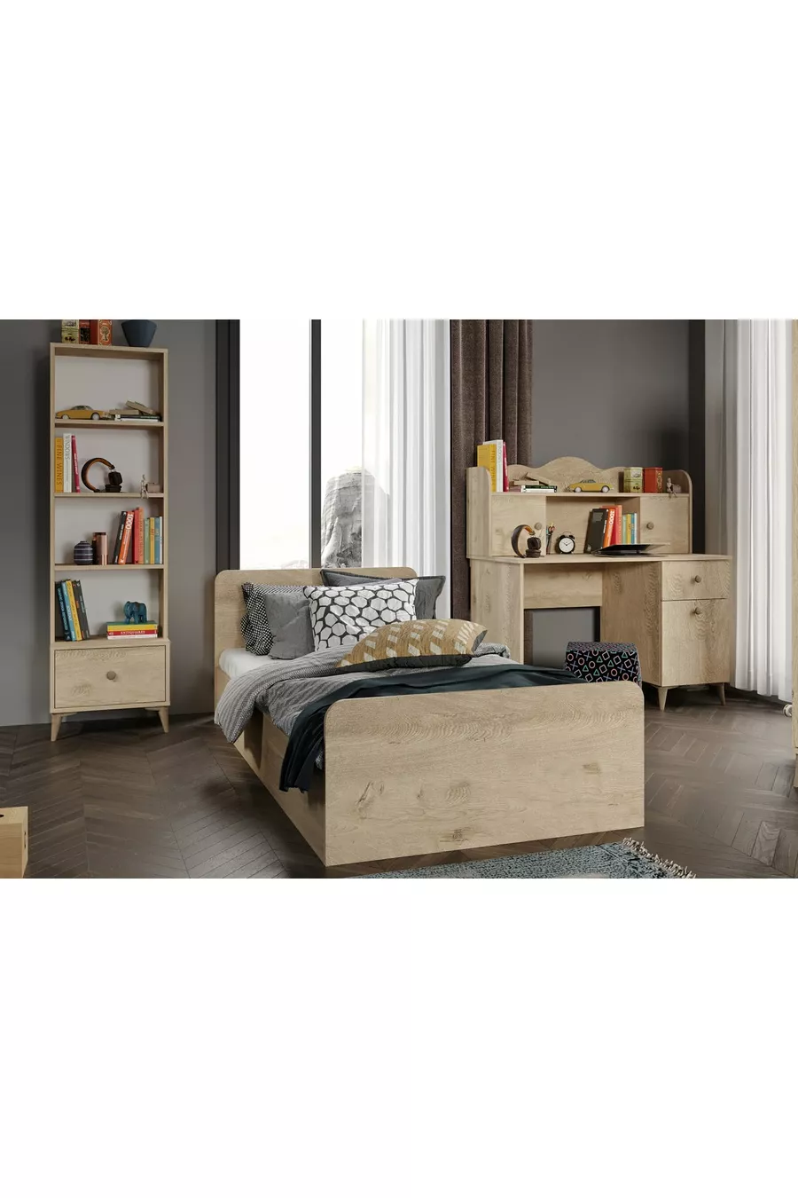 Ensemble de chambre moderne pour jeunes en chêne - 4 pièces et entièrement en MDF de qualité supérieure