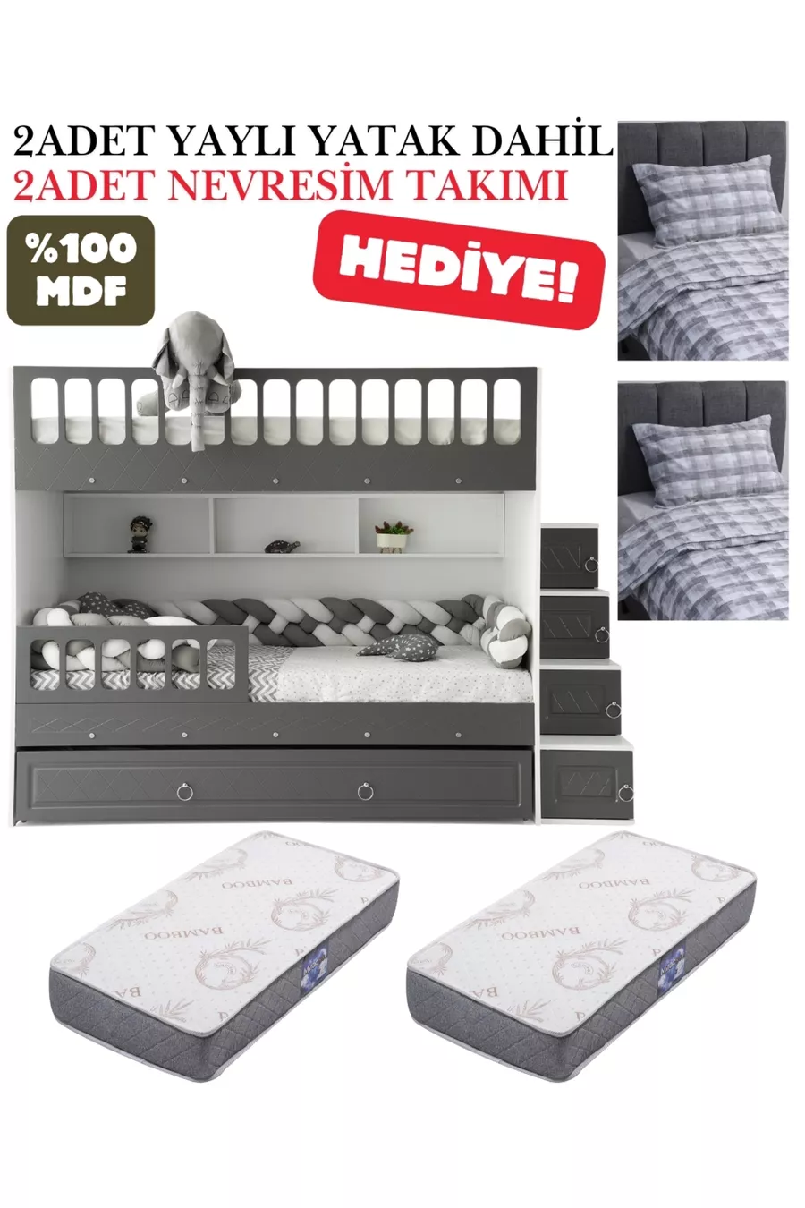 Lit superposé Émeraude / Installation gratuite / MDF à 2 % / 2 matelas à ressorts en bambou / 2 ensembles de linge de lit offerts