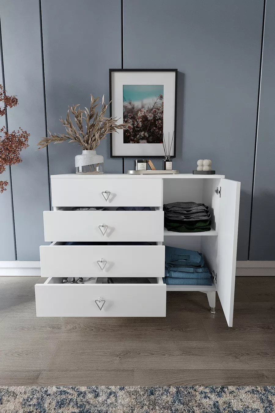 Commode moderne blanche argent avec 4 tiroirs et 1 porte