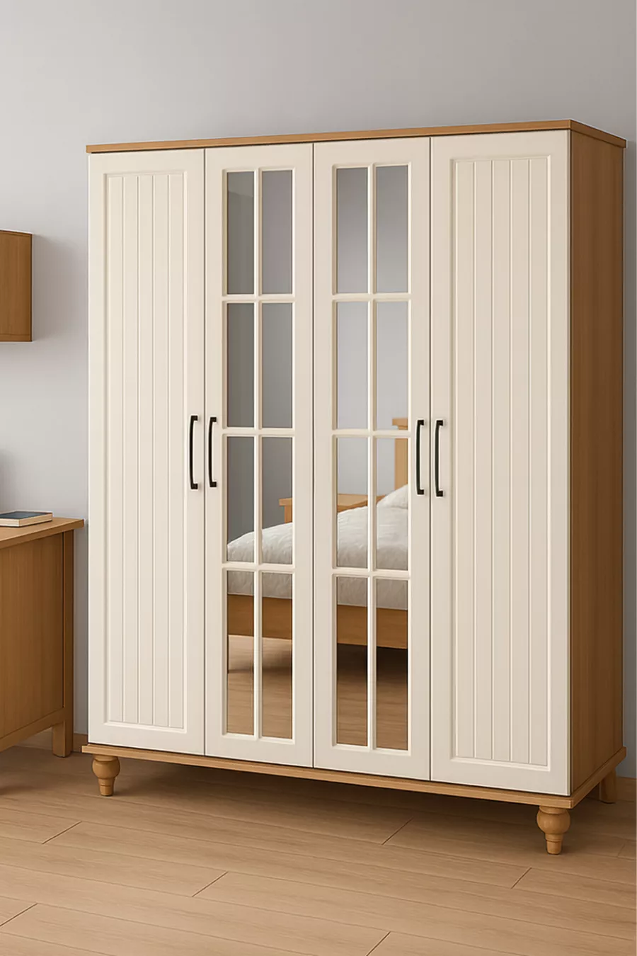 Armoire Nefes MDF à 4 portes et tiroirs | Revêtement Rehau | Pieds en bois de charme | Structure solide