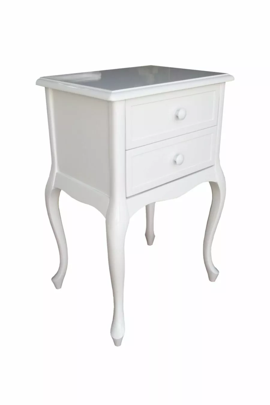 Commode à 2 tiroirs sur pieds en bois, entièrement en bois laqué blanc