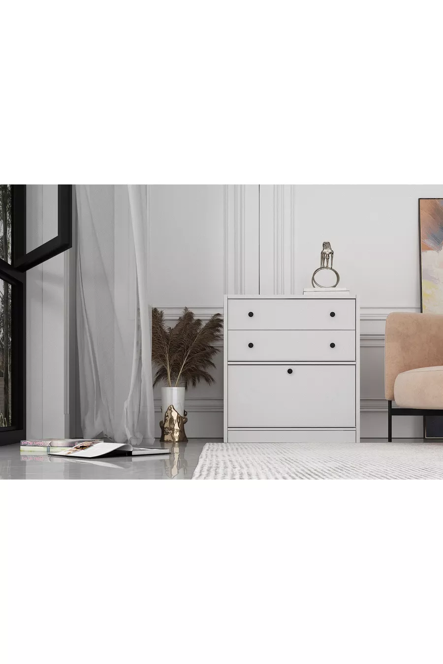 Commode blanche à deux tiroirs avec porte, sans moulures