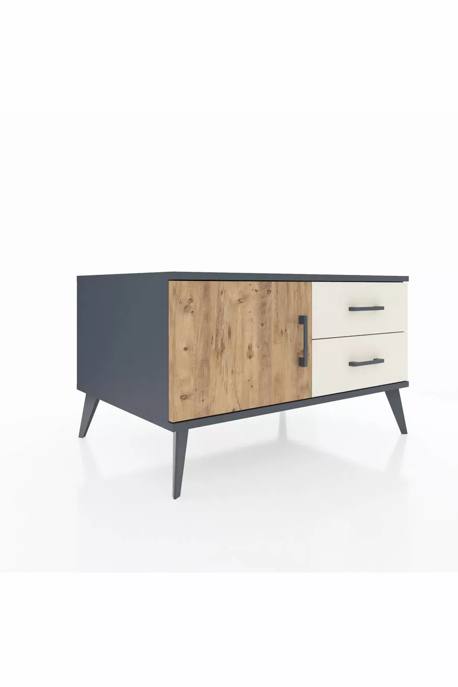 Commode Kronos à une étagère, 2 tiroirs et une porte, Anthracite-Sapin/Gris pierre