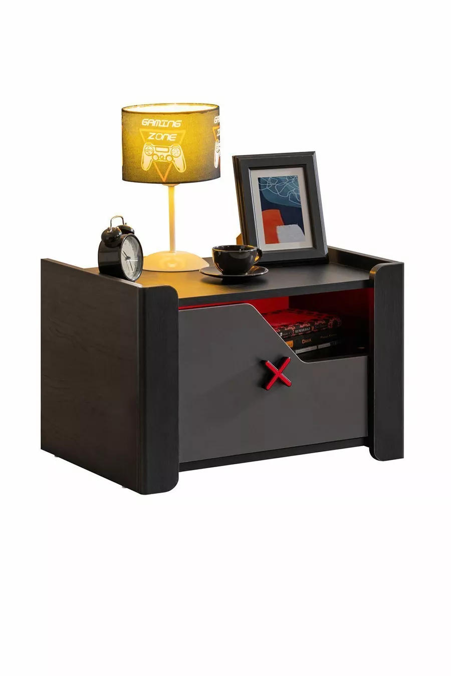 Chambre d'adolescent avec thème gamer - Armoire 2 portes, lit, table de chevet, commode, bureau