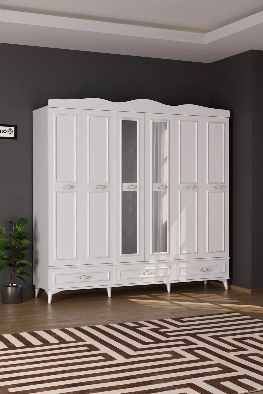 Armoire blanche Luna à 3 tiroirs avec miroir et 6 portes