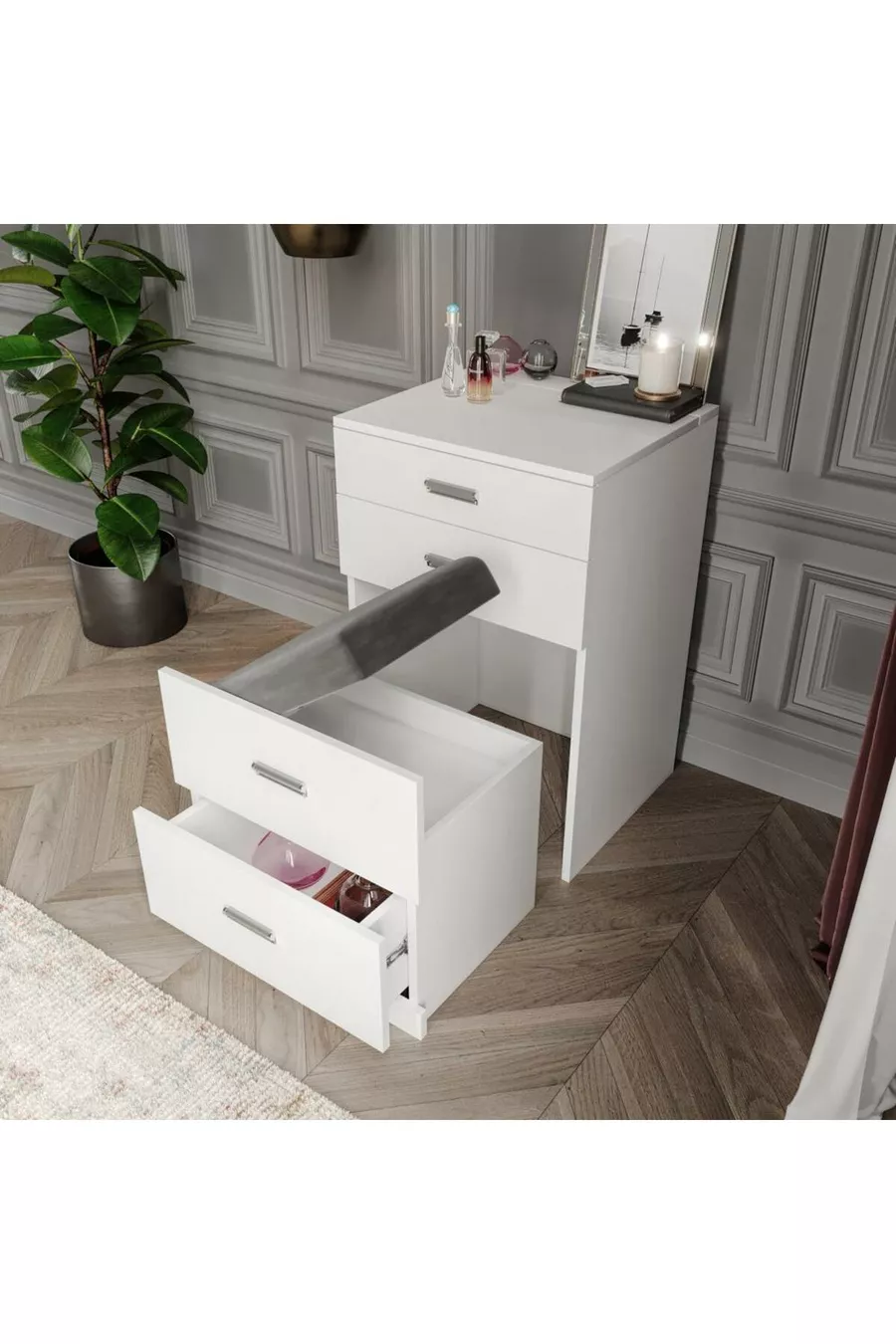 Merlin Mobilier Table de Maquillage Polyvalente avec 3 Tiroirs et Pouf Princesse