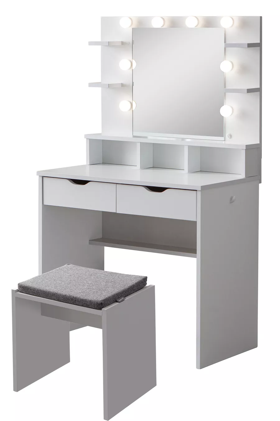 Coiffeuse Diva Hollywood avec Miroir, Éclairage LED, Étagères et Tiroirs, Pouf d'Assise Inclus, Blanche, avec Cadeau