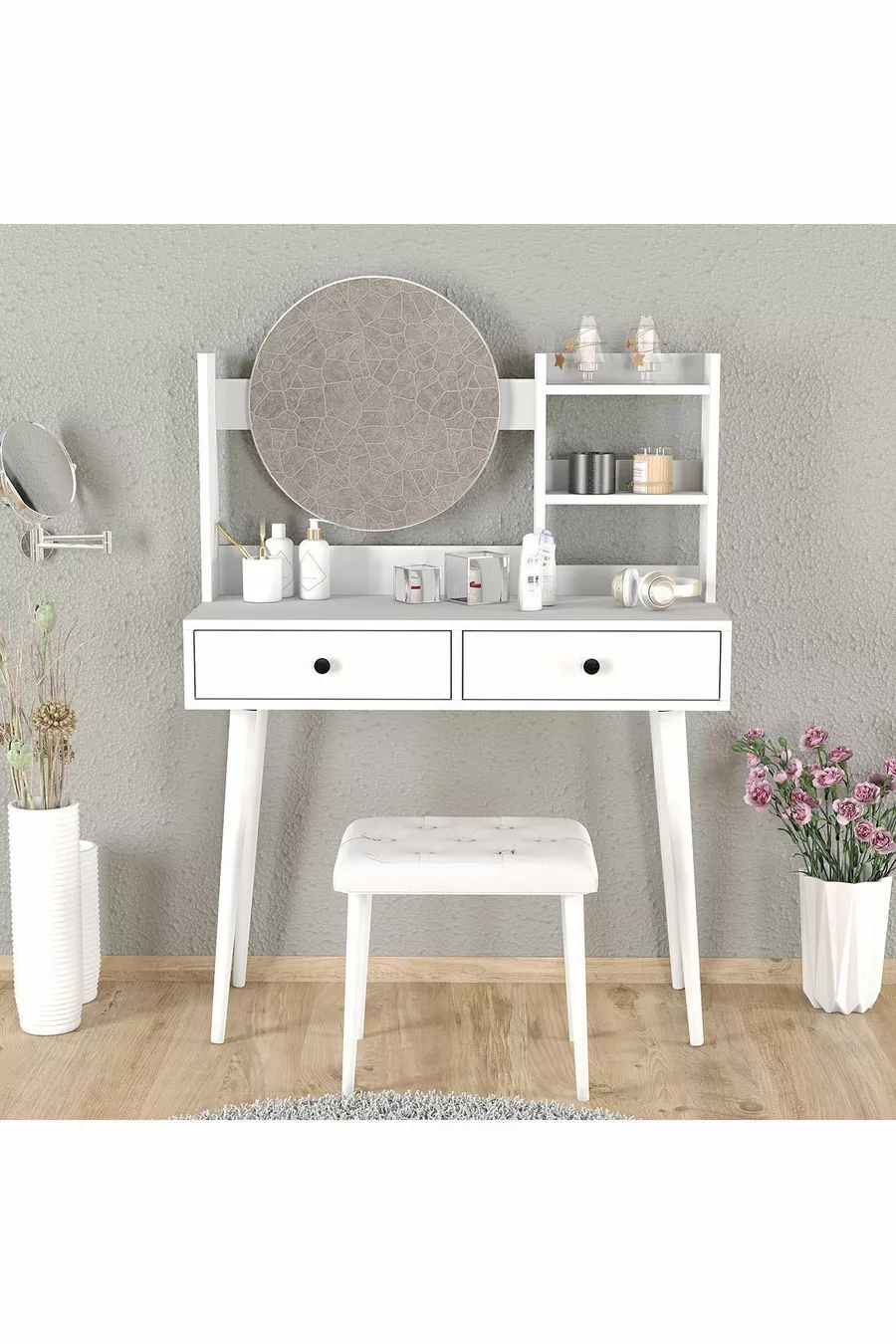 ENSEMBLE LÉGENDAIRE DE COIFFEUSE BLANCHE AVEC TABOURET