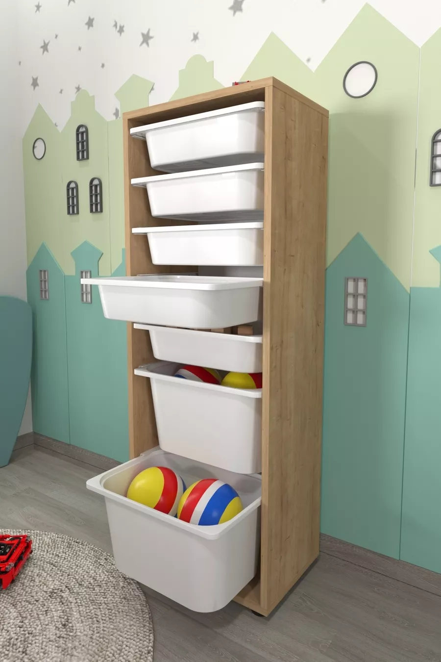 Armoire à 7 paniers Armoire polyvalente Armoire à jouets Pera Saphir Chêne