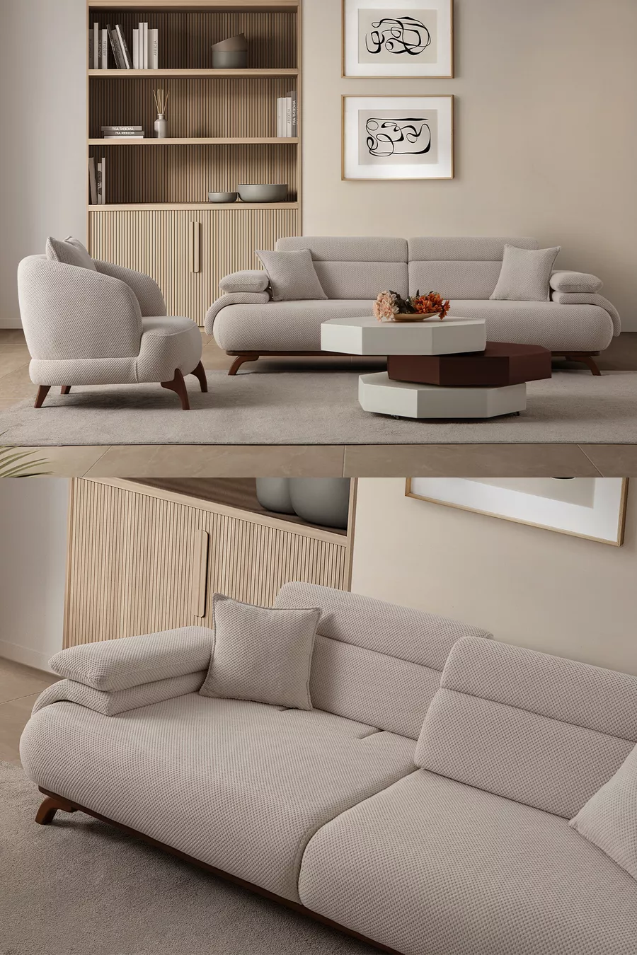 Ensemble de canapés Bonjo avec dossier à mécanisme et coffre 3+1 Beige