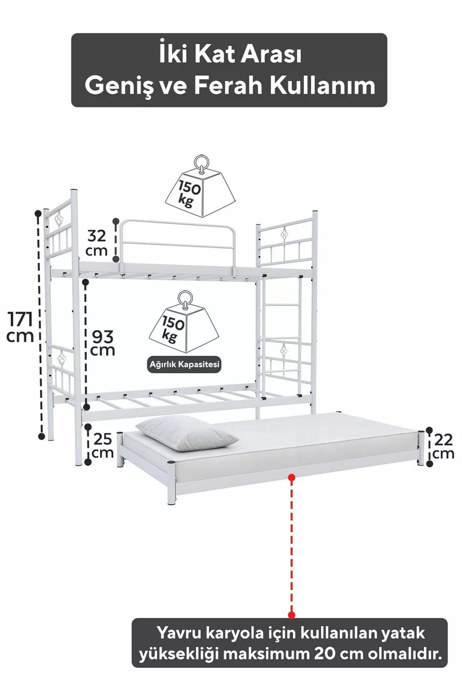 Lit superposé Koza avec tiroir, compatible avec matelas , pour 3 personnes, lit métallique blanc
