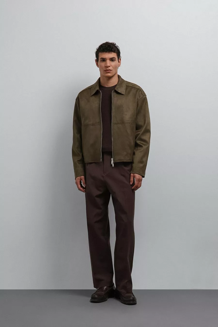 Veste pour homme en suédine synthétique kaki avec fermeture éclair