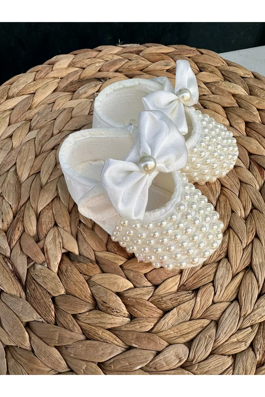 Chaussons de luxe pour bébé fille avec nœud, détails brillants et perles, 0-4 mois,  cm, cadeau avec velcro