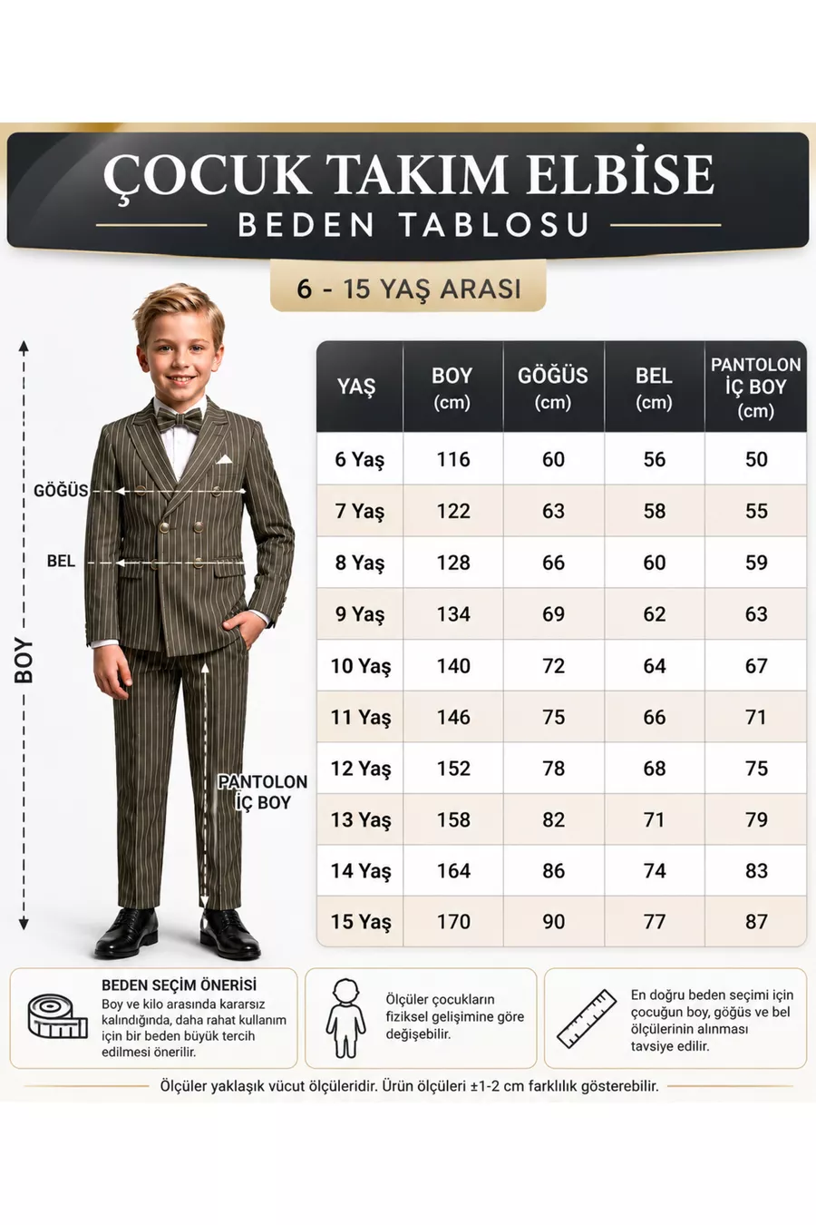 Ensemble de costume pour garçon avec veste à rayures, chemise, pantalon et nœud papillon