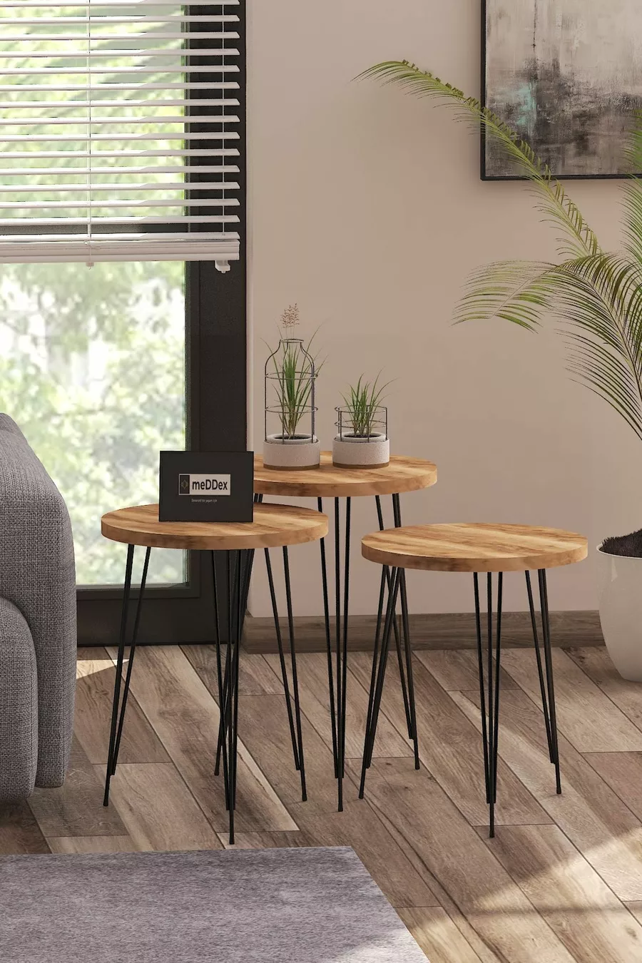 Table d'appoint ronde triple Star - Table basse à thé - Table de service - Noyer