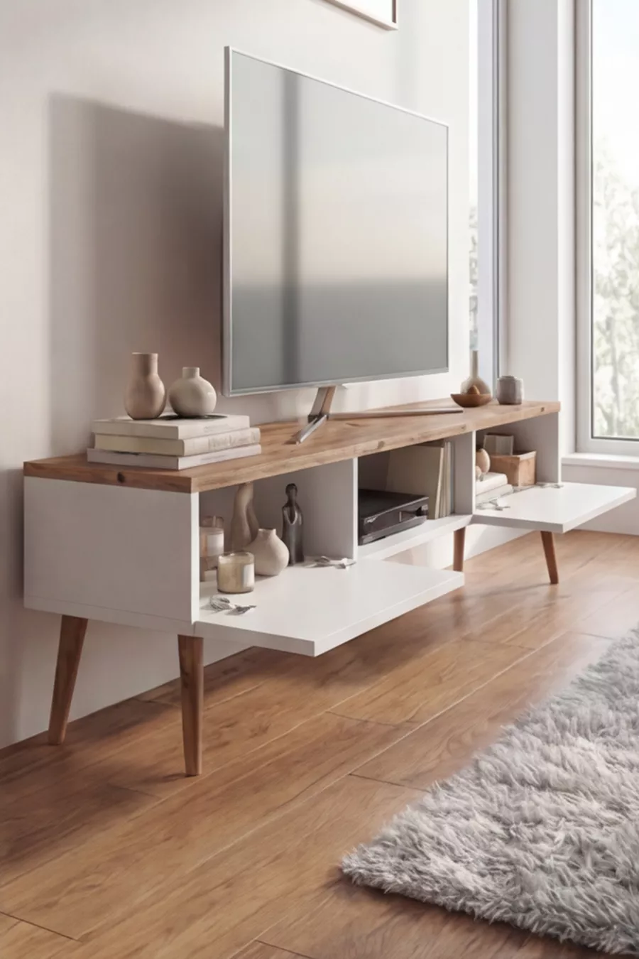 Meuble TV moderne  cm, console à 2 portes, télévision sur pieds en bois, meuble TV élégant pour salon et salle de séjour, console TV, unité TV, meuble TV console