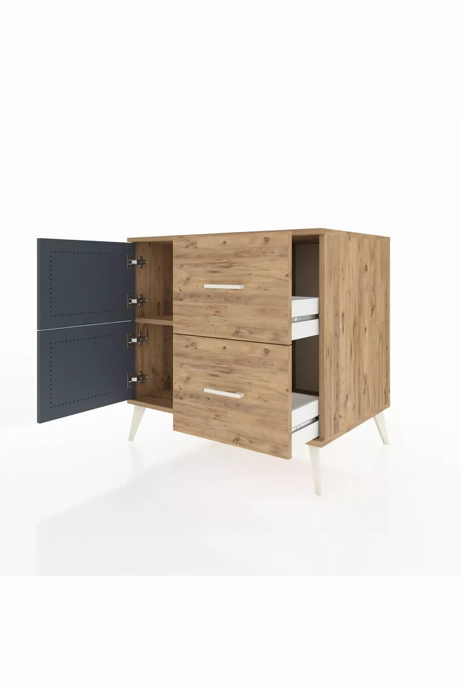 Commode Kronos à une étagère, 2 tiroirs et 2 portes, Pin-Anthracite/Pin