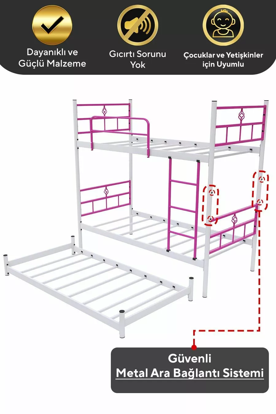 Lit superposé Koza avec tiroir, compatible pour 3 personnes, en métal rose foncé