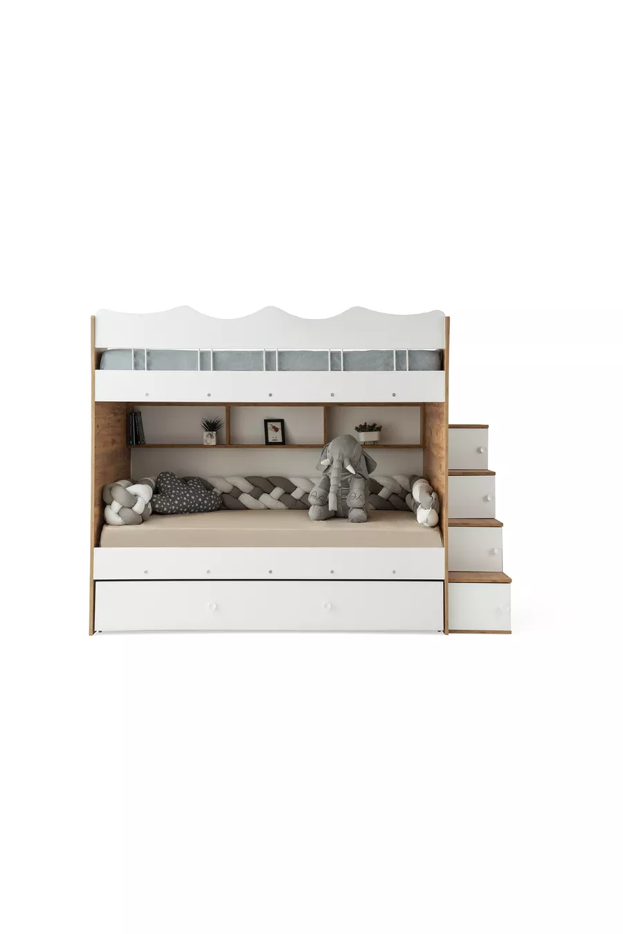 Lit superposé Cloud / Pin-blanc / 3 sections de couchage avec escalier et armoire / 100 % MDF