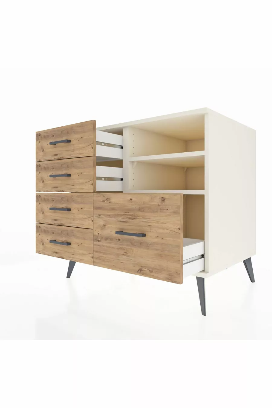 Commode Kronos 2 étagères 5 tiroirs Pierre de lune/Pin