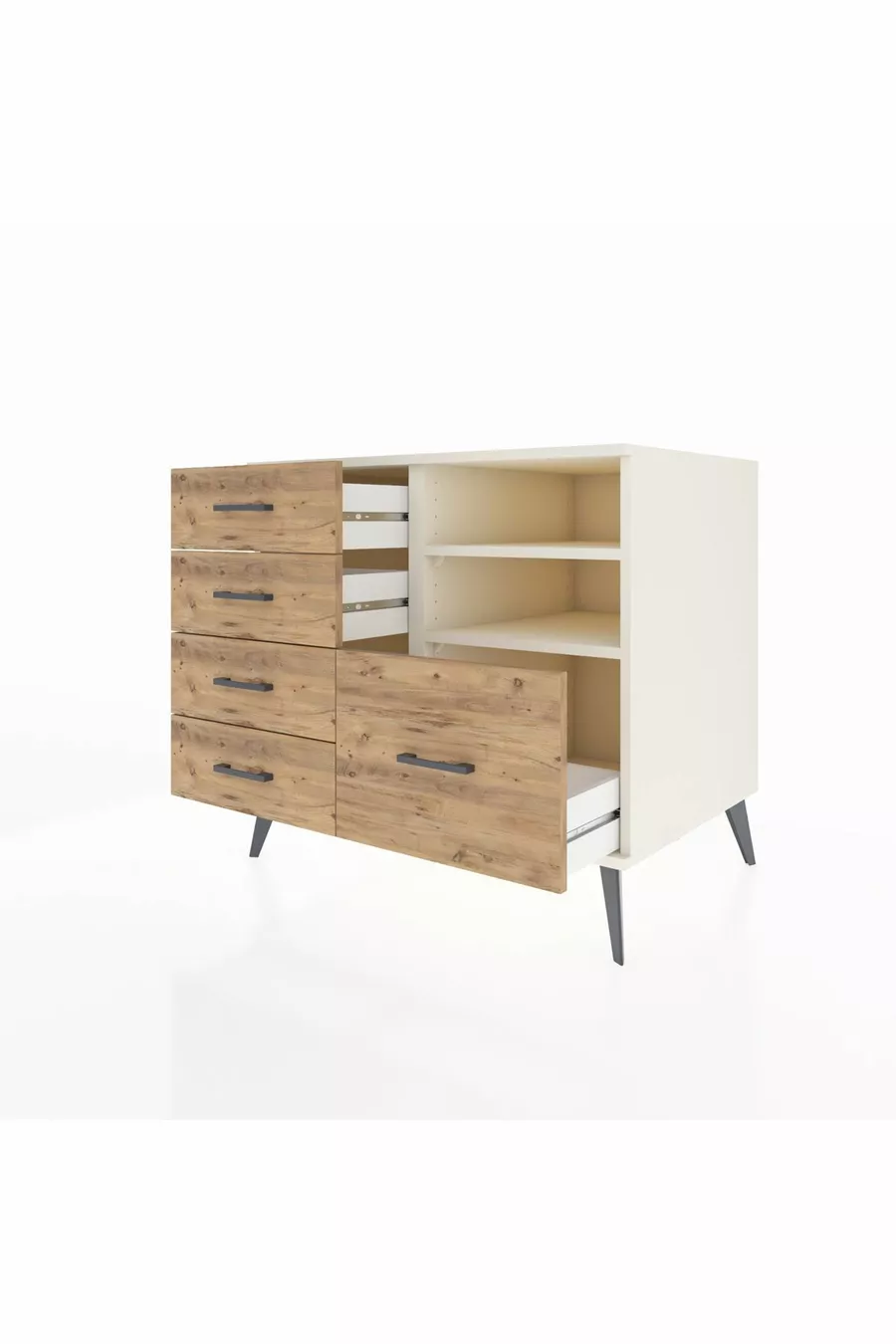 Commode Kronos 2 étagères 5 tiroirs Pierre de lune/Pin