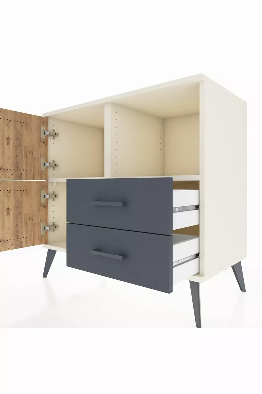 Commode Hyperion 2 étagères 2 tiroirs 2 portes Pierre de Lune-Sapin/Anthracite
