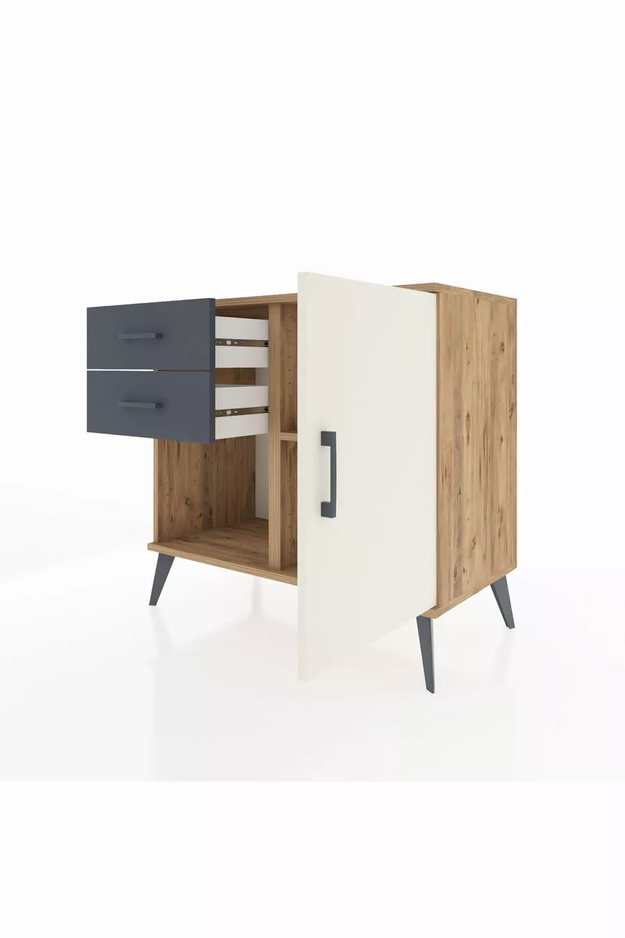 Commode Hyperion avec une seule étagère, 2 tiroirs et une porte, pin-gris/anthracite