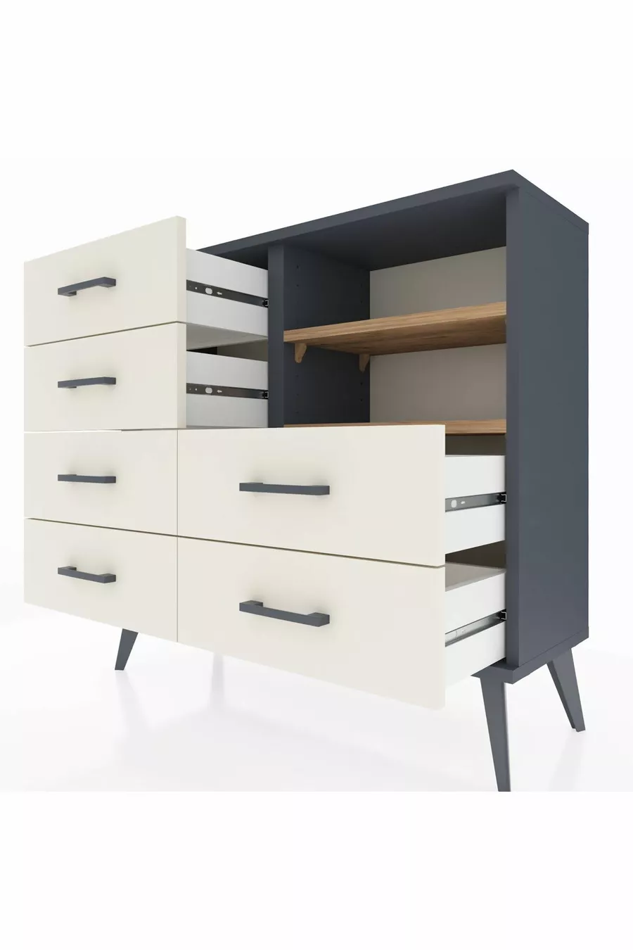 Commode Arges 2 étagères 6 tiroirs Anthracite-Pin/Pierre de Lune
