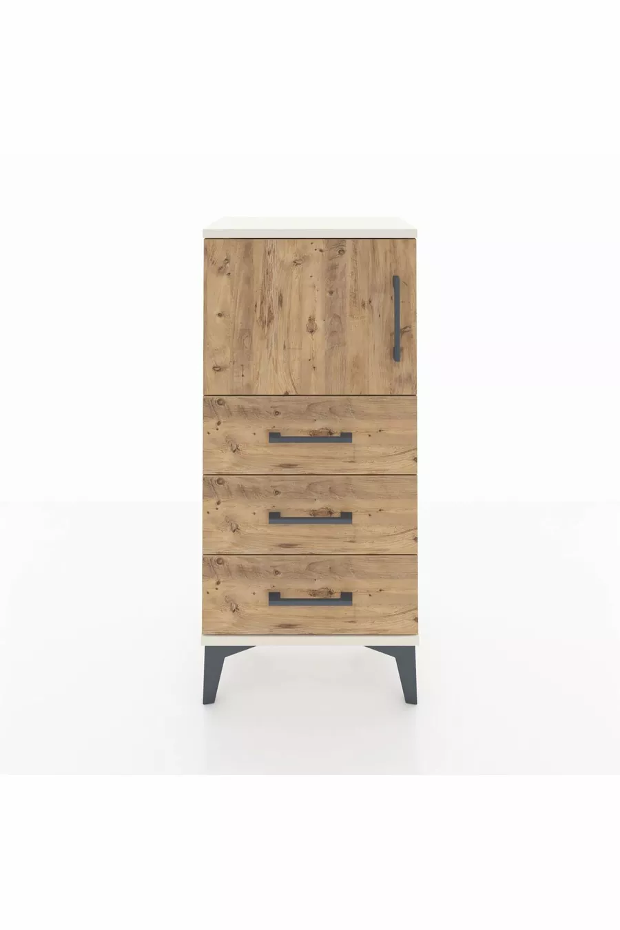 Table de chevet Arges avec une seule étagère, trois tiroirs et une porte, Pierre de lune-Pin