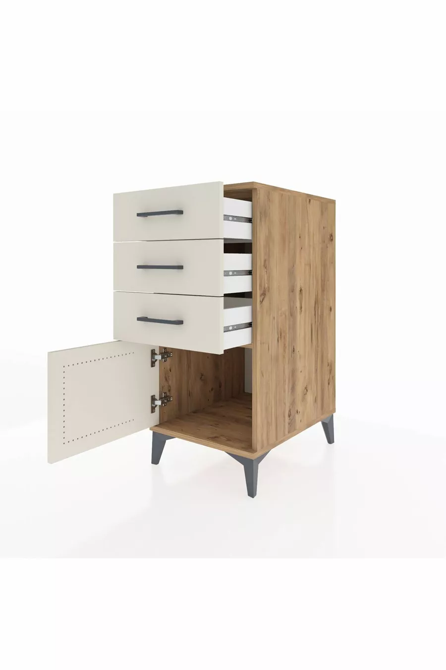 Table de chevet Kronos avec 3 tiroirs et 1 porte en pin-onyx