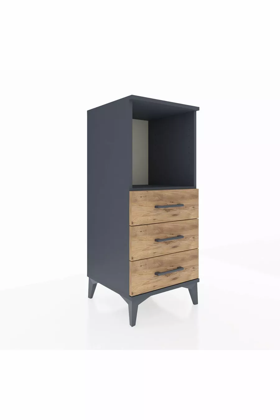 Chevet Hyperion à une étagère et trois tiroirs Anthracite-Pin