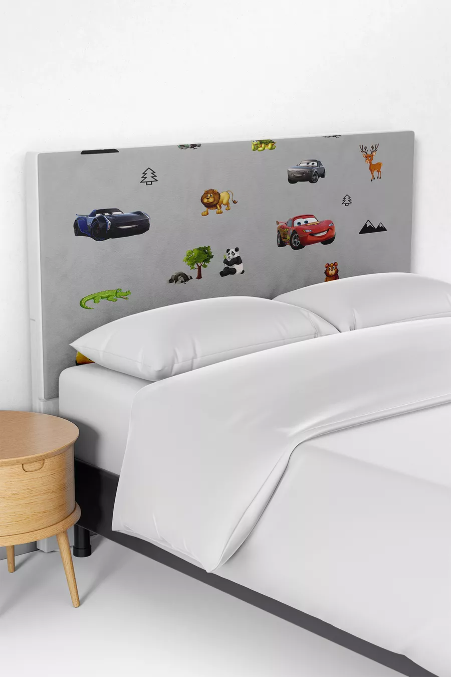 Housse de tête de lit pour enfant avec motif McQueen et animaux gris mignons