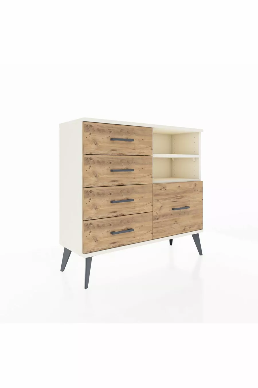 Commode Arges 2 étagères 5 tiroirs Pierre de lune/Pierre de lune/Pin