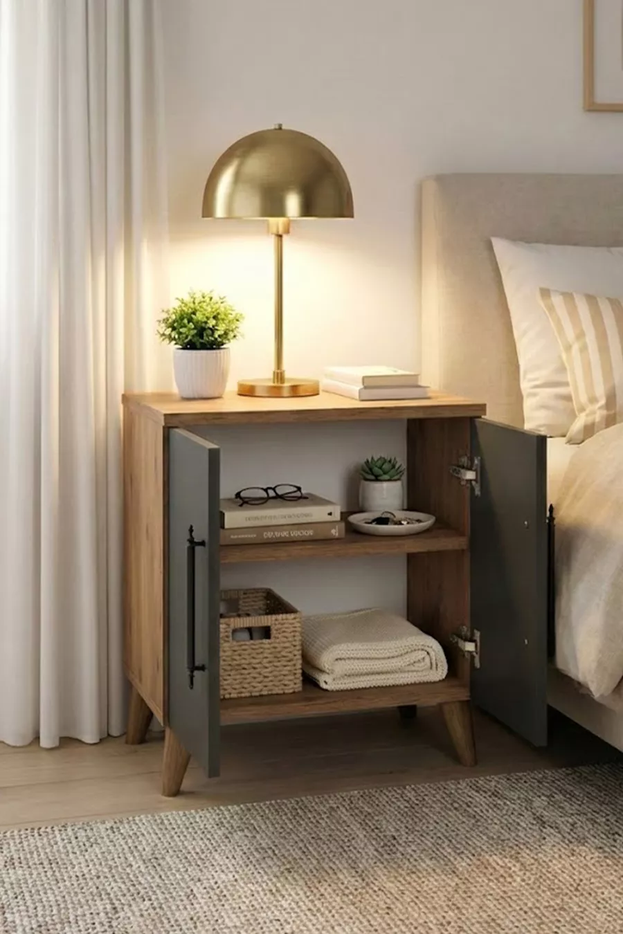 Table de chevet classique Lumen à 2 portes avec étagère, anthracite - Pin