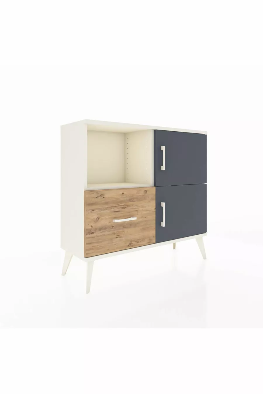 Commode Arges avec 2 étagères, 1 tiroir, 2 portes, couleur Pierre de lune-Anthracite/Pin