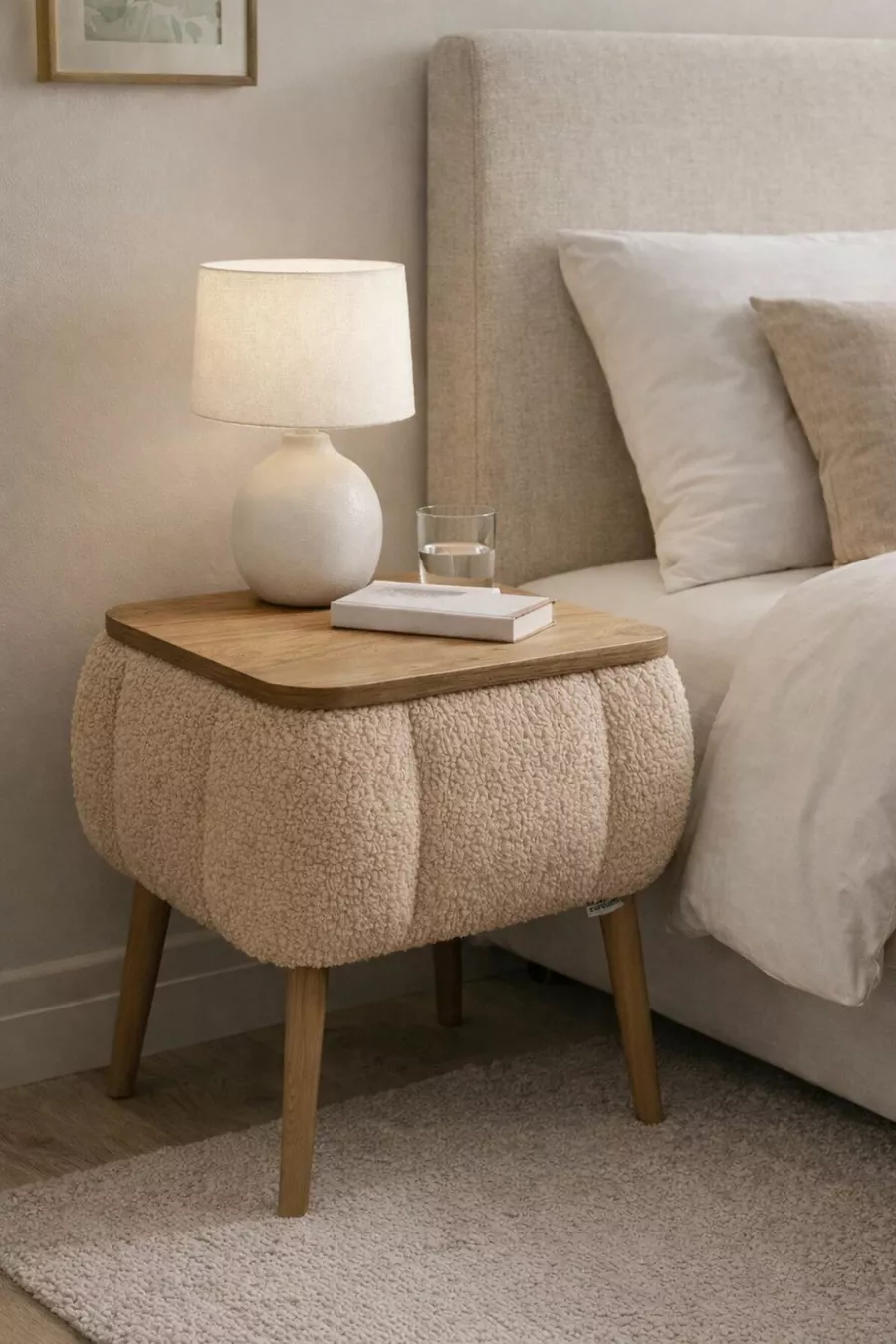 Table de chevet Lina Sandıklı, table de chevet moderne avec pieds en bois recouverts de tissu Teddy