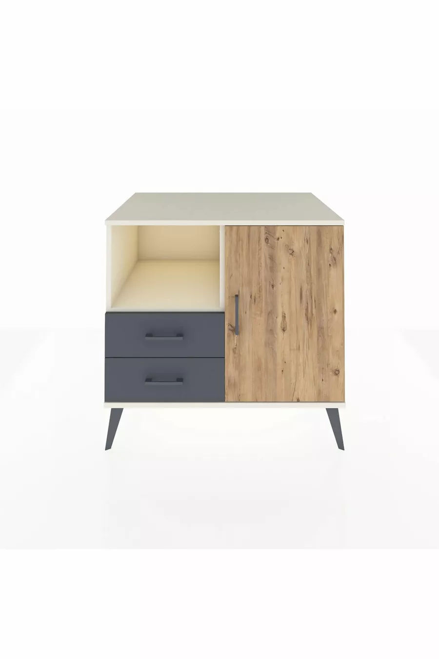 Commode Kronos avec 2 étagères, 2 tiroirs et 1 porte, Albâtre-Pin/Anthracite