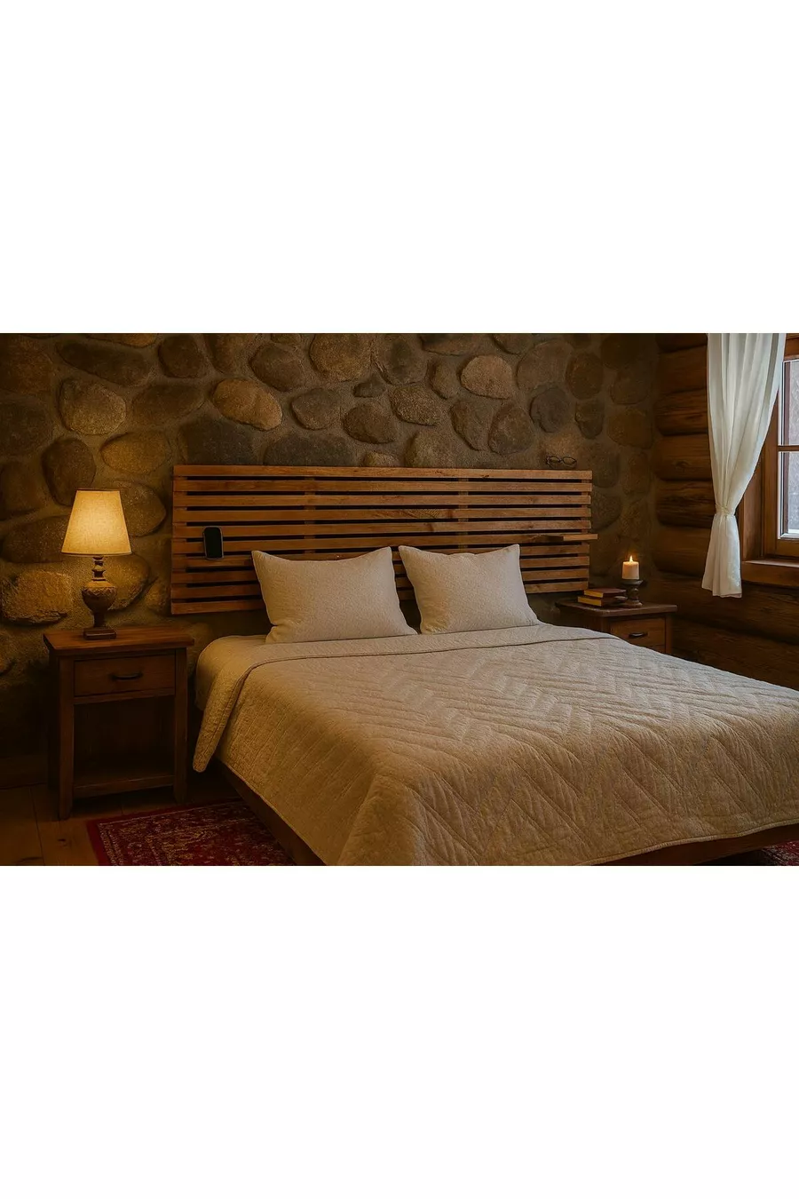 2 Têtes de lit en bois massif avec étagères, couleur noyer, cm x cm, couleur noyer massif