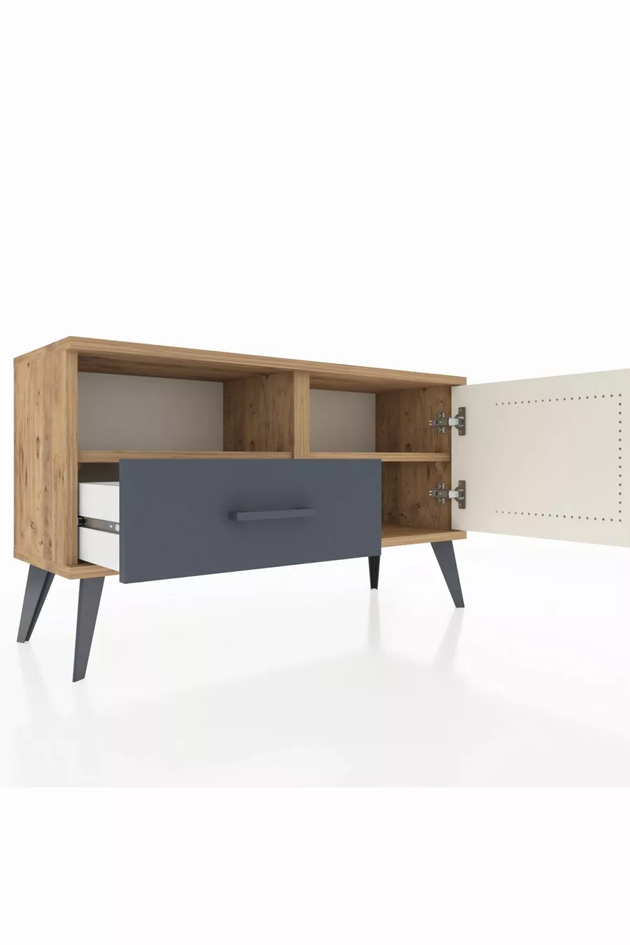 Commode Arges avec 2 étagères, 1 tiroir et 1 porte, en pin-pierre d'âme / anthracite