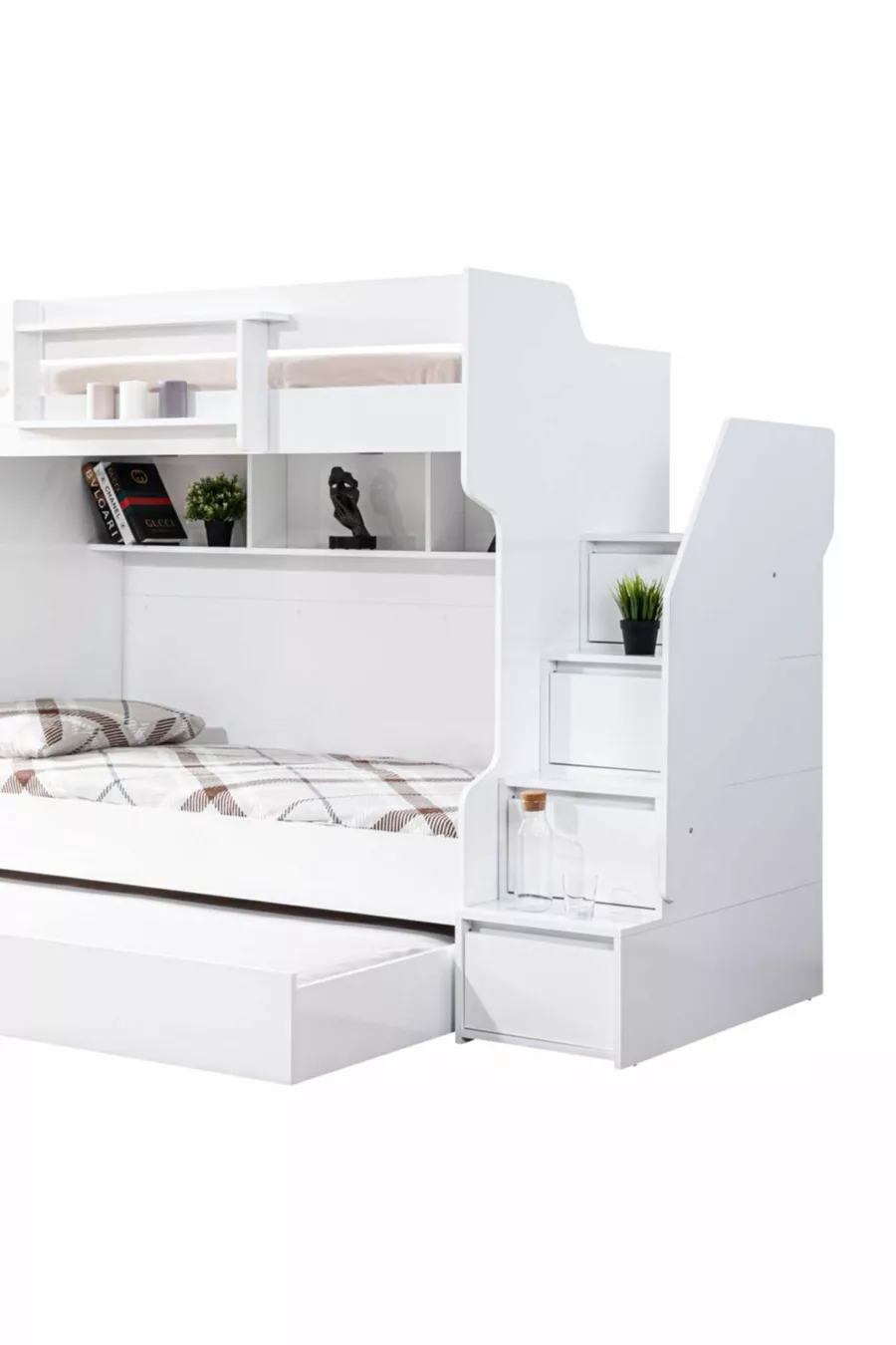 Lits superposés Ranza, courageux avec petit lit - Blanc, 2 matelas confort