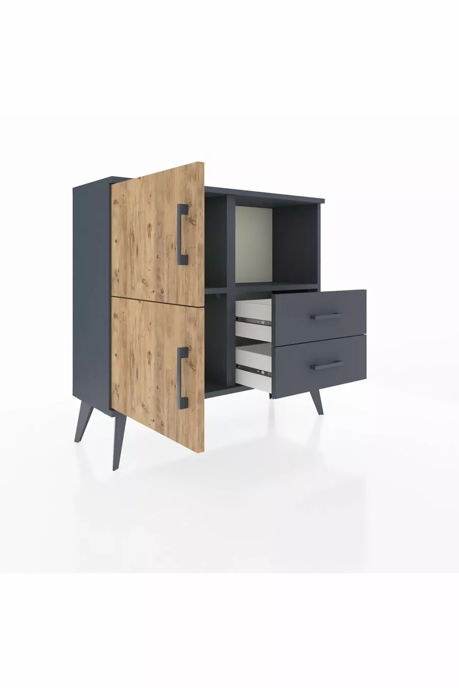 Commode Arges 2 étagères 2 tiroirs 2 portes Anthracite-Sapin/Anthracite