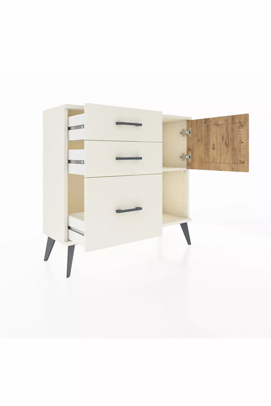 Commode Arges avec une seule étagère, 3 tiroirs et une porte, couleur Pierre de Lune/Pin
