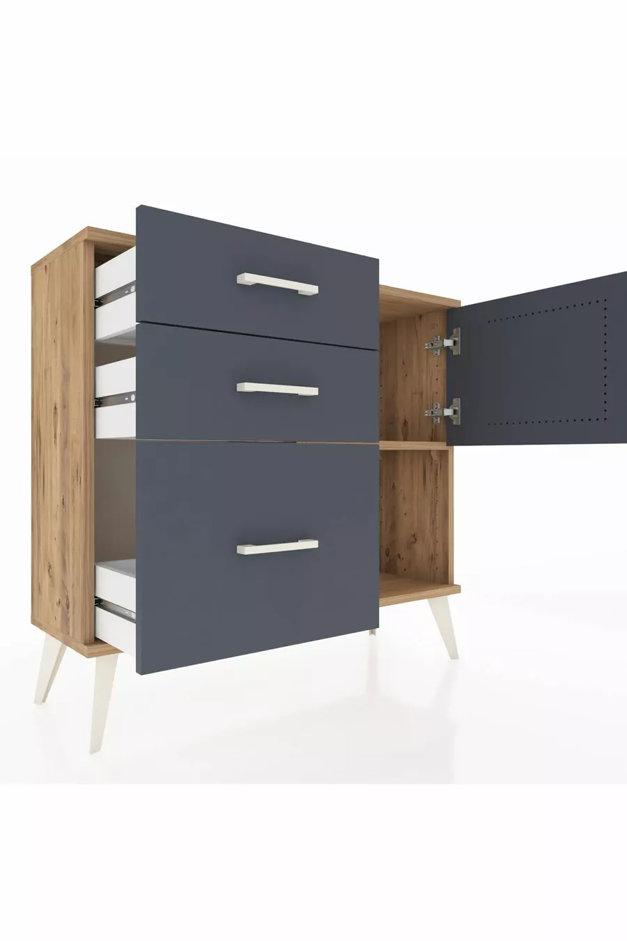Commode Arges à une étagère, 3 tiroirs et une porte, pin-anthracite