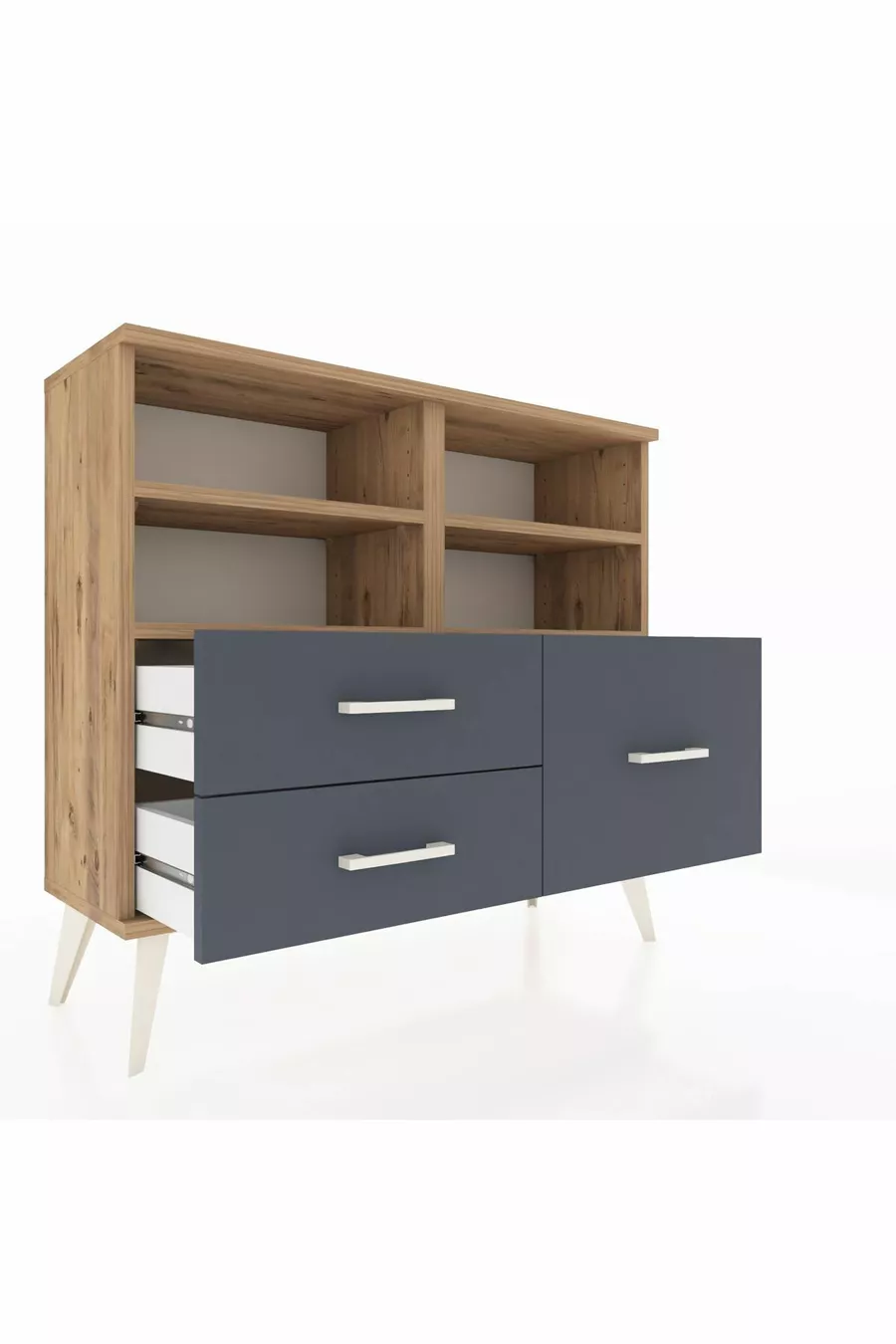 Commode Arges 4 étagères 3 tiroirs Pin-Pin/Anthracite
