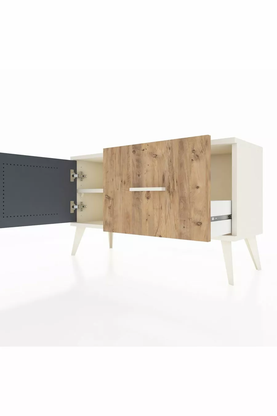 Commode Arges avec une étagère, un tiroir et une porte, coloris Pierre de Lune-Anthracite/Pin
